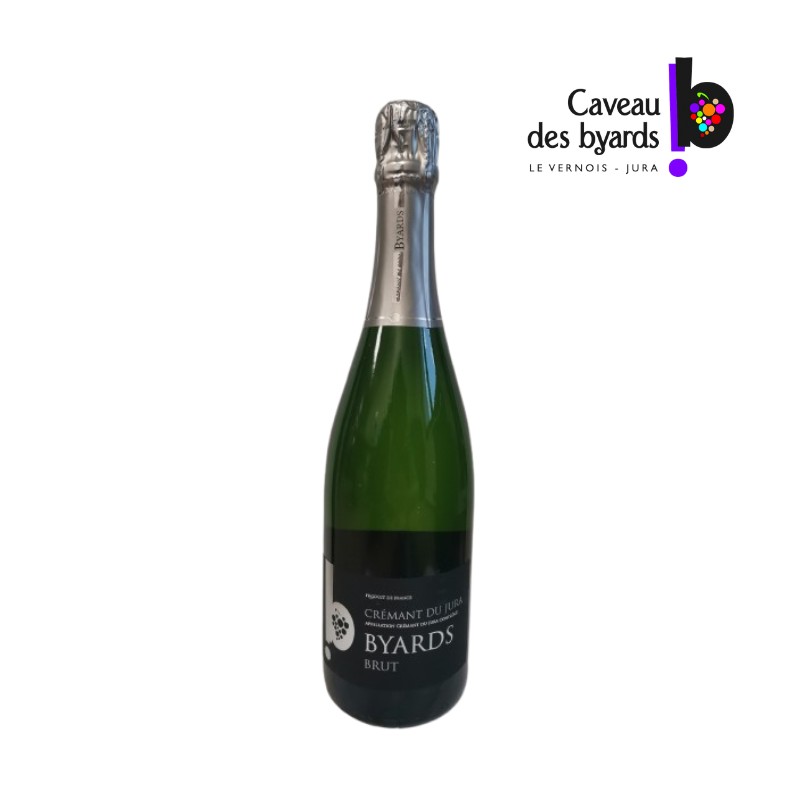 Vue rapprochée de l’étiquette Caveau des Byards Crémant du Jura Brut
