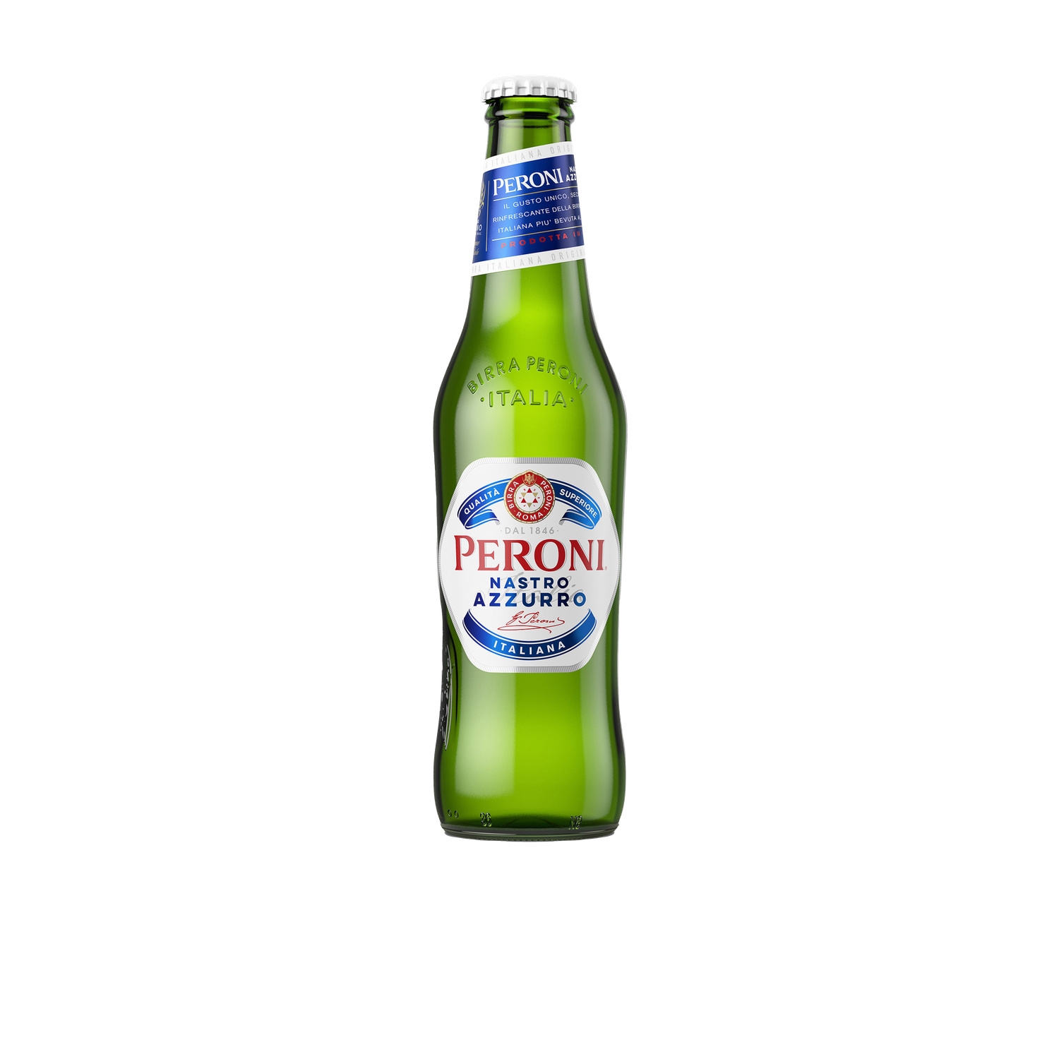 Vue rapprochée de l’étiquette Peroni Nastro Azzurro