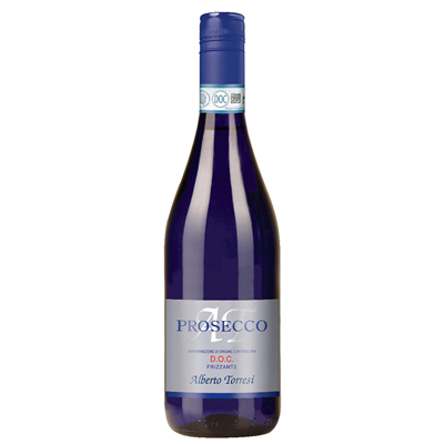 Vue rapprochée de l’étiquette Alberto Torresi Prosecco Frizzante